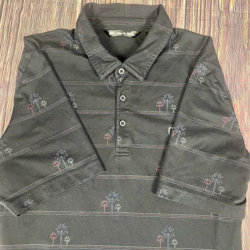 Travis Mathew Polo Shirt Mens Size Large Black Top Stripes Palm Trees